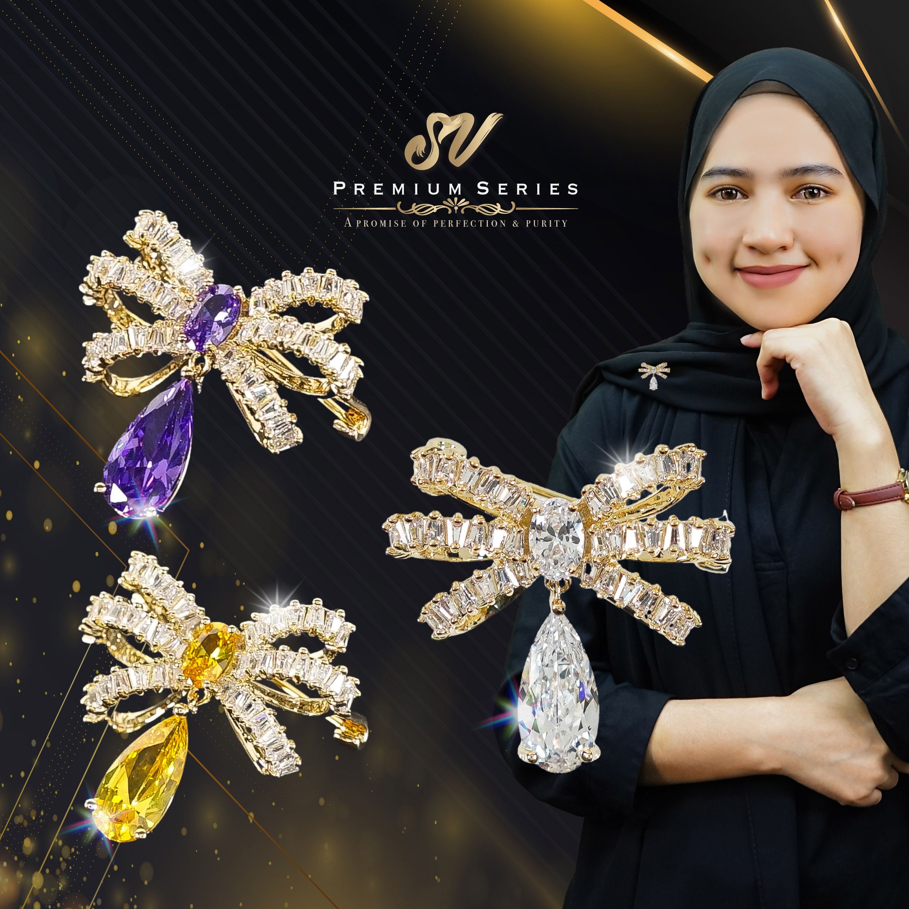 Sv Premium Austria Ribbon Brooch With Charm Pin Tudung Reben Mewah ...
