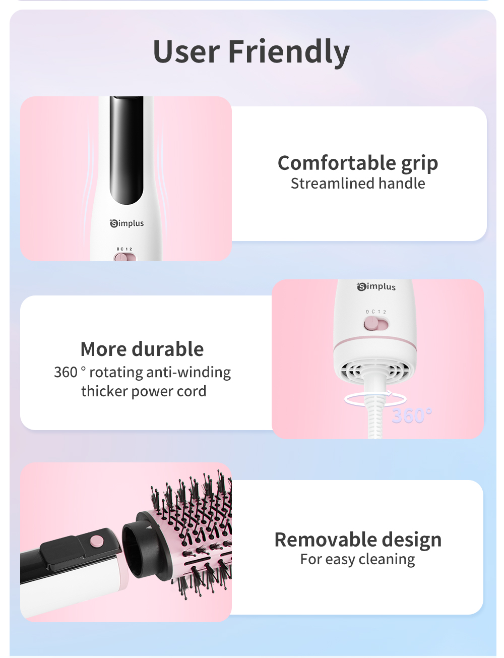 【Simplus Pink】Hot Air Brush 3In1 Hot Styling Brush Curly Straight Dual ...