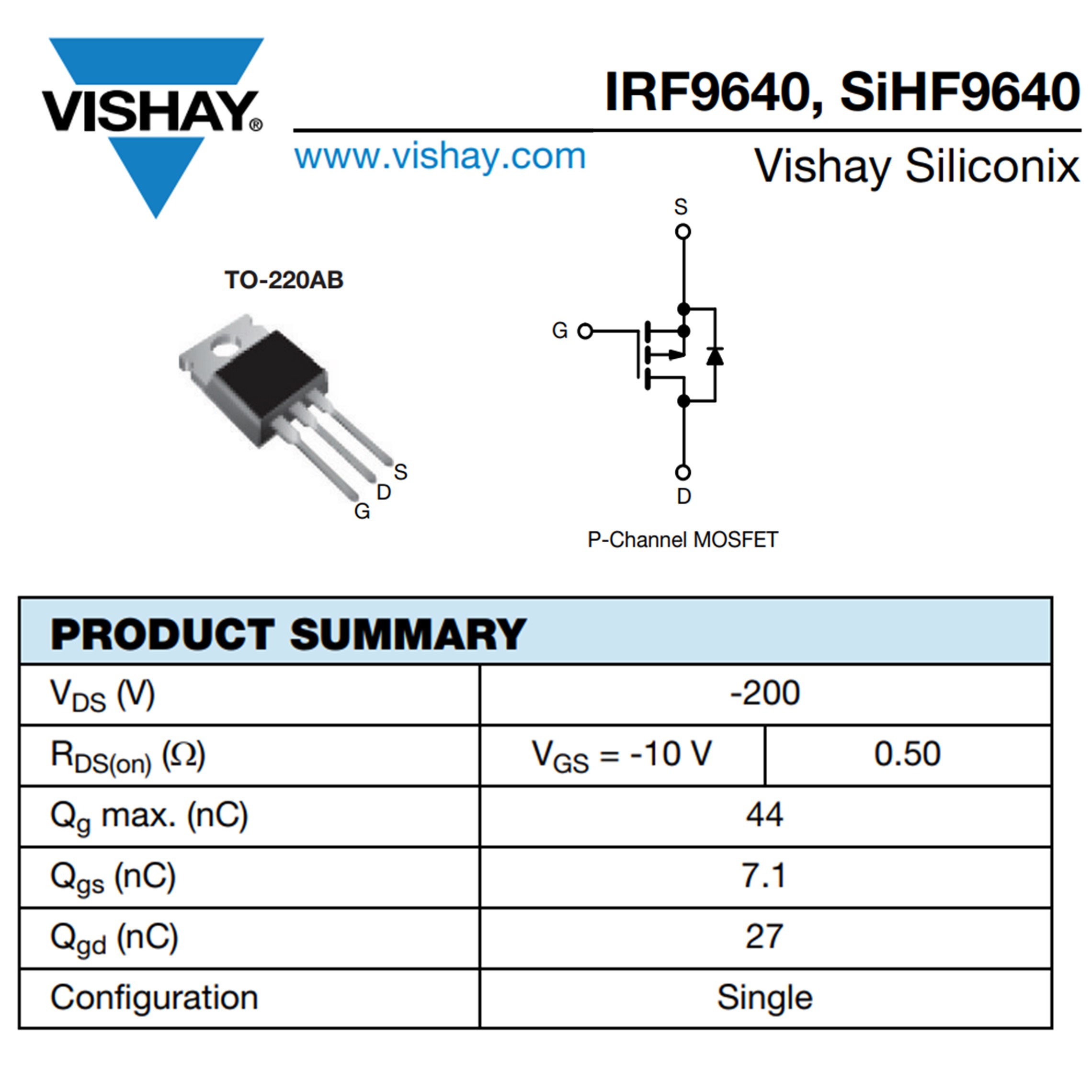 10-Pack IRF9640 P-Channel Power MOSFET Transistor - 11A 200V TO-220 - International Rectifier