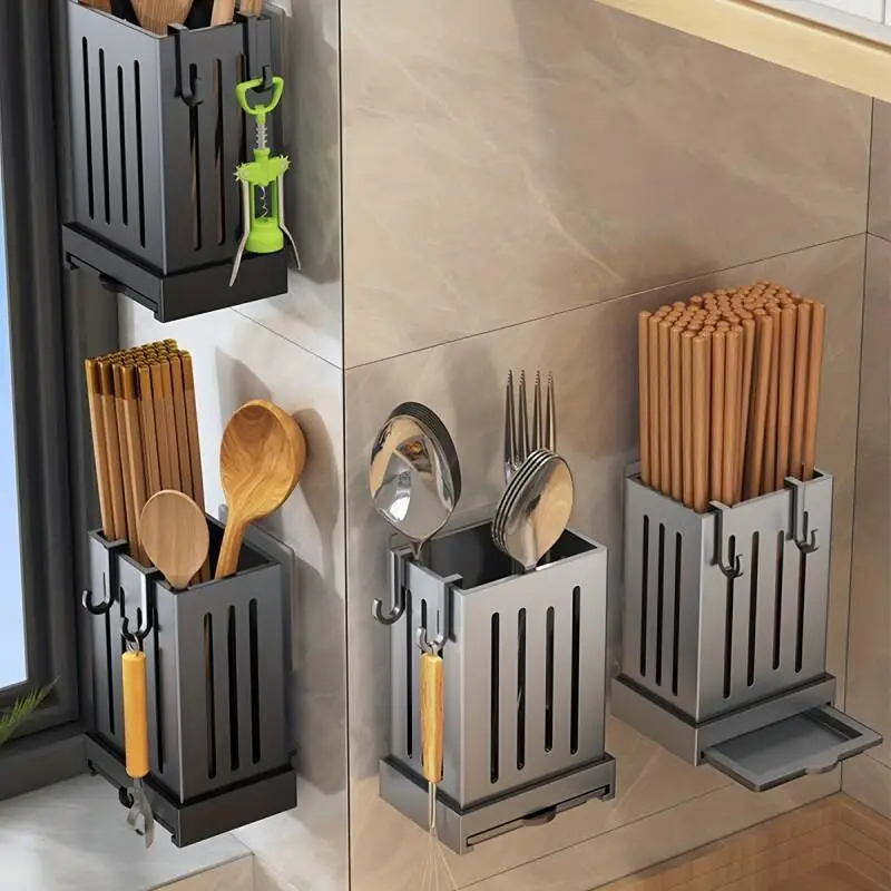 Kitchen Utensil Rack Multifunctional Draining Chopstick Holder Wall ...