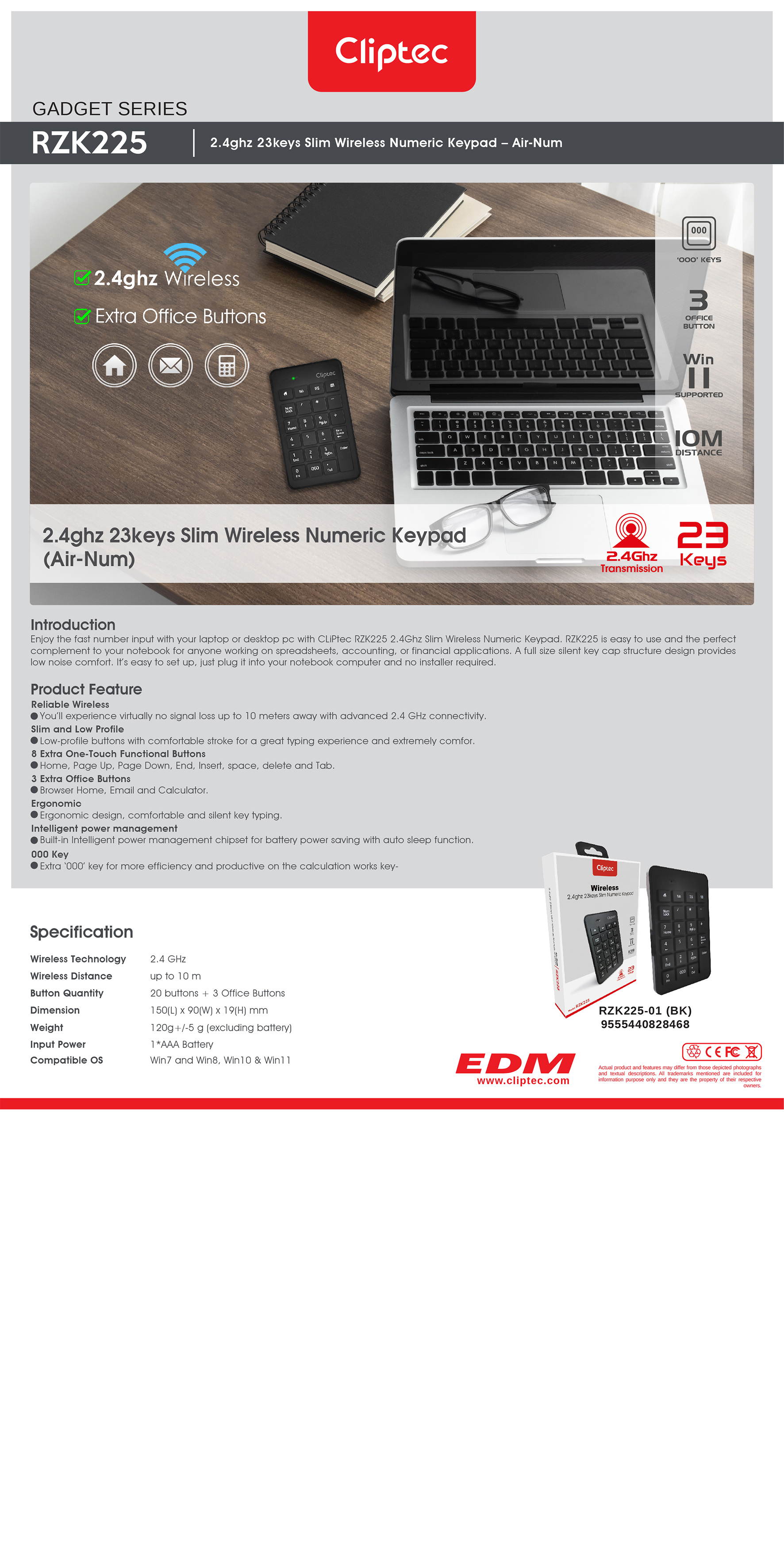 (1 Year Warranty) CLiPtec RZK225 Wireless USB Slim Numeric Keypad ...