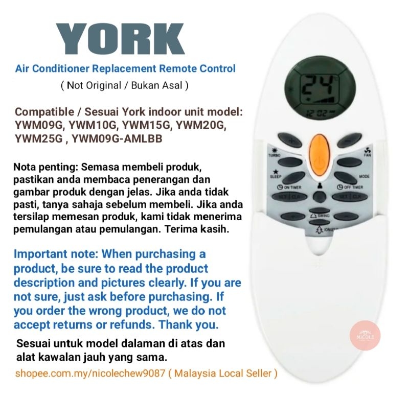 York Air conditioner Replacement Remote Control YK-05 | Shopee Malaysia