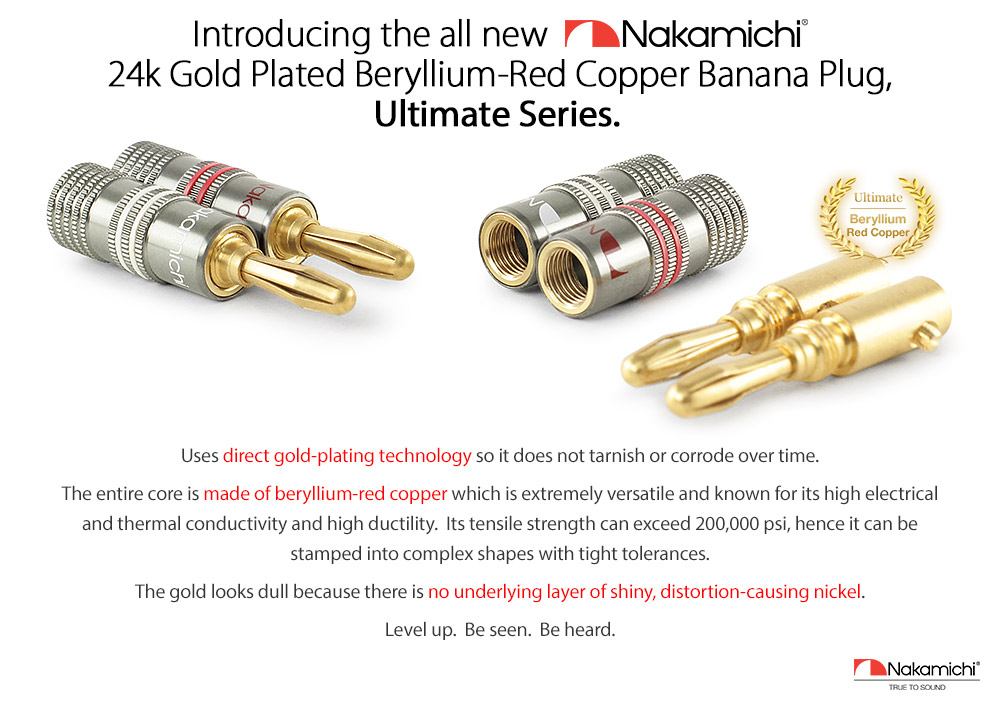 Nakamichi Ultieme serie 24K Verguld Beryllium-Rood Koper banaanstekkers 12-18 AWG maat 4mm voor: HiFi-boxen, versterkers, AV-receivers, geluids- en stereosystemen 10 stuks (5 paar