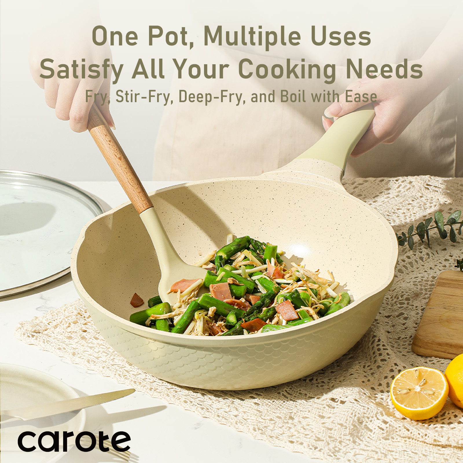 CAROTE Non Stick Frying Wok, Deep Frying Pan, Dishwasher Safe, Suitable