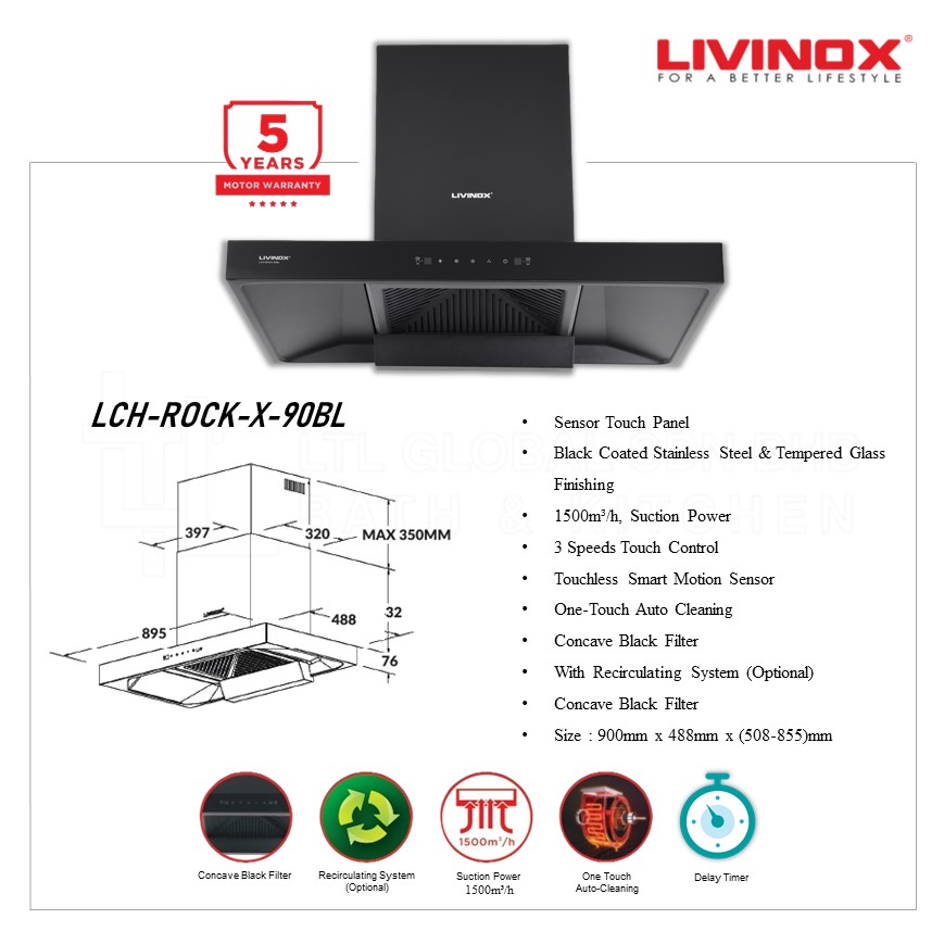 LIVINOX LCH-ROCK-X-90BL LCH-STONE-90BL LCH-NITE-90BL Slanted Chimney ...