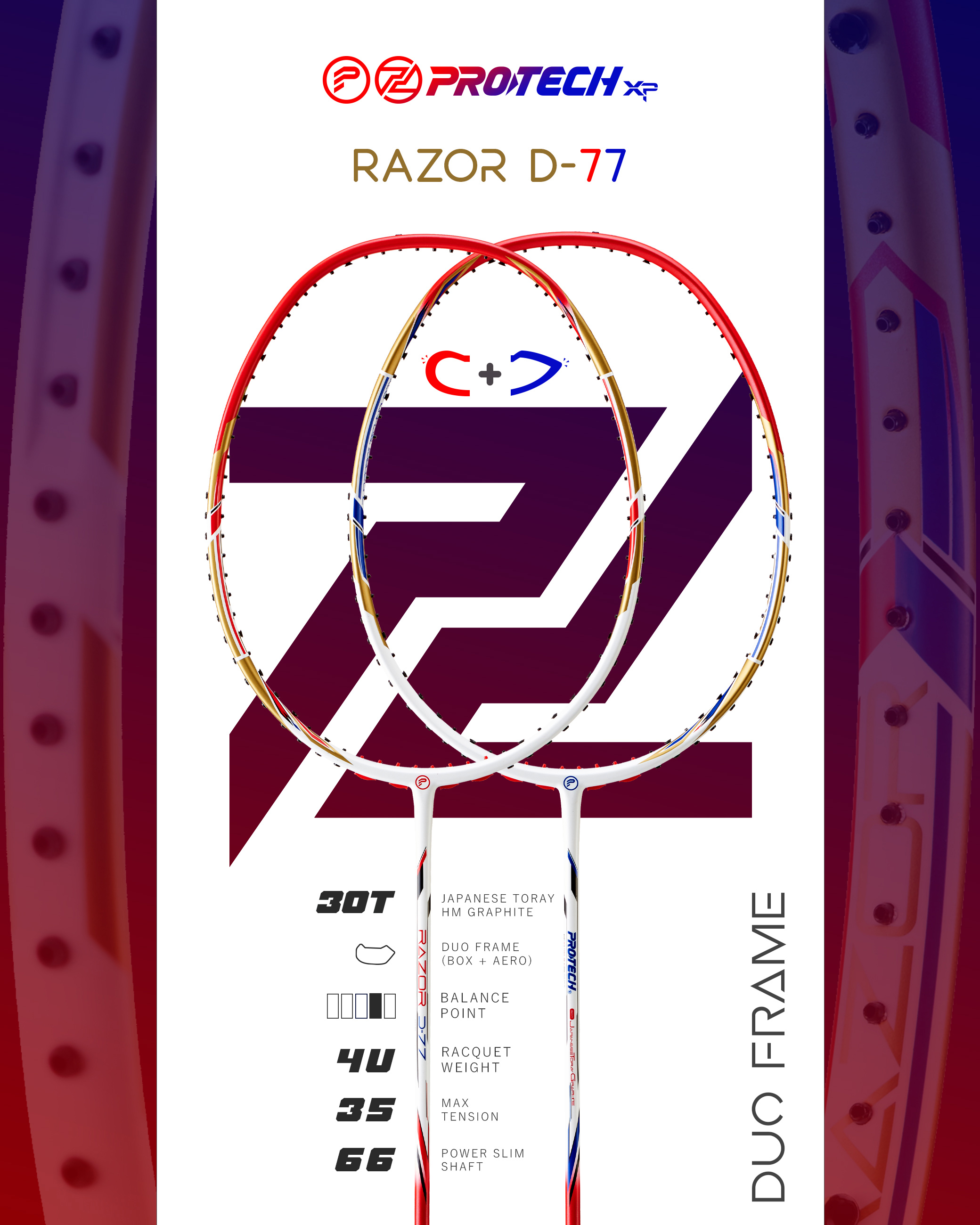 PROTECH Badminton Racket Razor D-77 Duo Frame (4UG1) (MAX 35LBS) (FREE ...