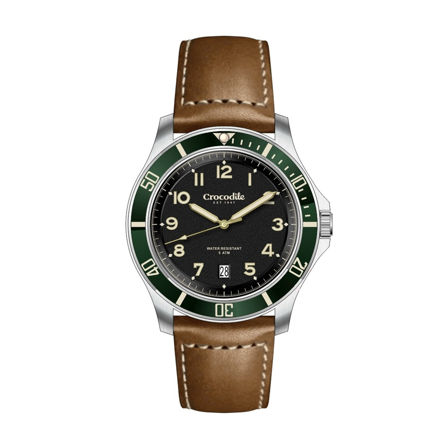 Crocodile Japan Quartz Stainless Steel Case Leather Strap Date - Main Image