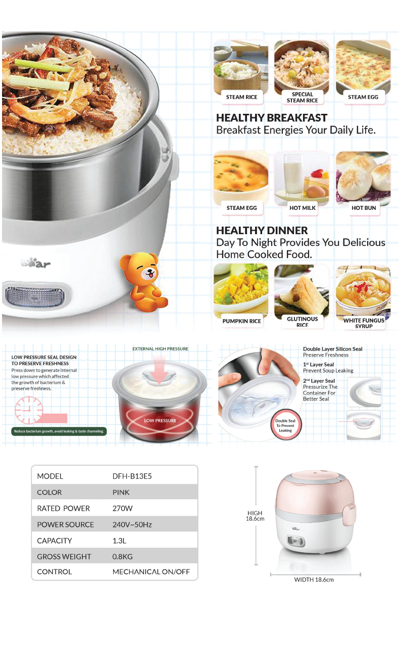 Bear Stainless Steel Lunch Box & Rice Cooker Function 1.3L DFHB13E5 (Digital Multi Cooker