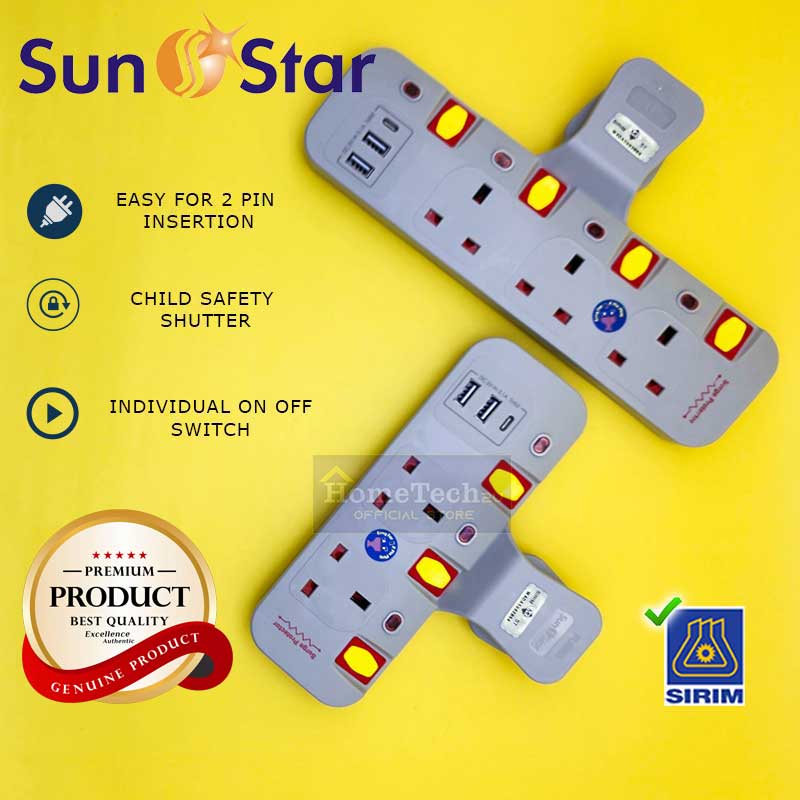 SUNSTAR Multiple T-Adaptor Socket 3Way 4Way Adaport with 3.1A USB Type ...