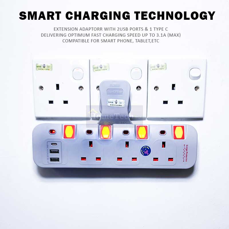 SUNSTAR Multiple T-Adaptor Socket 3Way 4Way Adaport with 3.1A USB Type ...