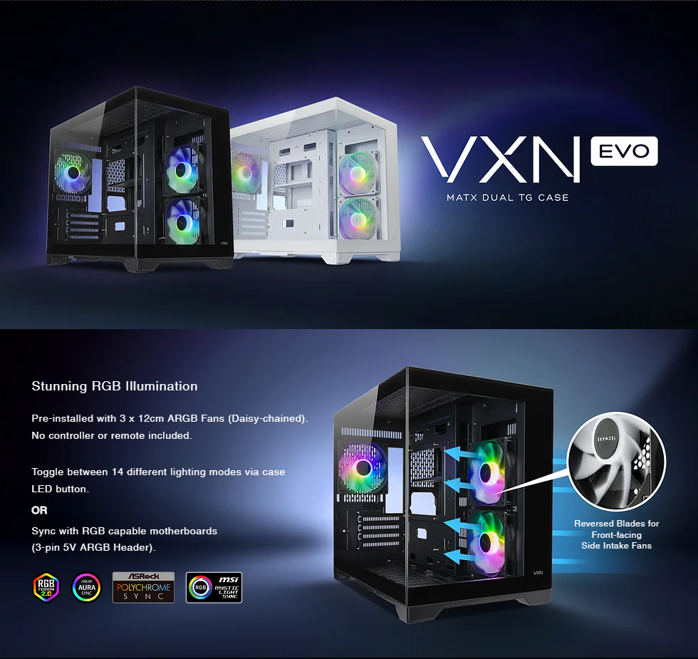 Tecware VXN EVO Omni ARGB Dual Chamber TG mATX PC Case - Black / White ...