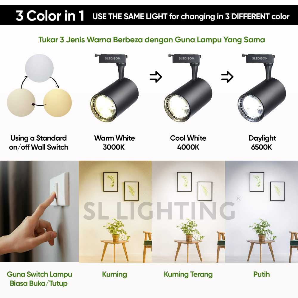 【SET LENGKAP 1 Meter 3 Color】SL EDISON 12W/20W 3 Color LED Track Light ...