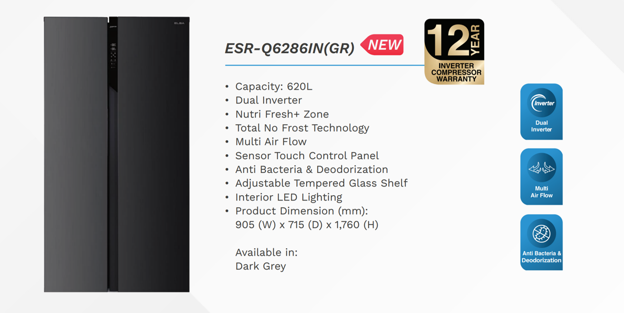 ELBA 620L Side-by-side Refrigerator VERZINO ESR-Q6286IN(GR) - Nutri ...