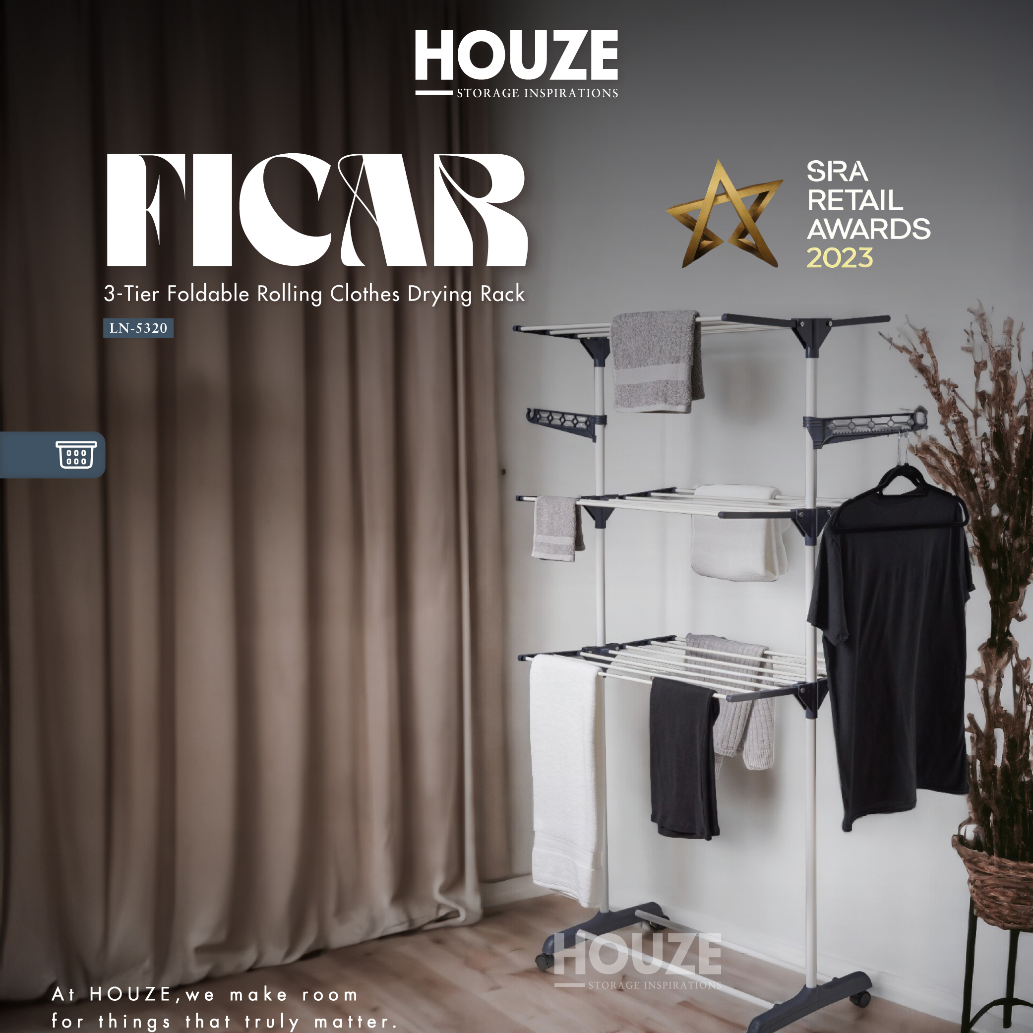 HOUZE Ficar 3-Tier Foldable Rolling Clothes Drying Rack White