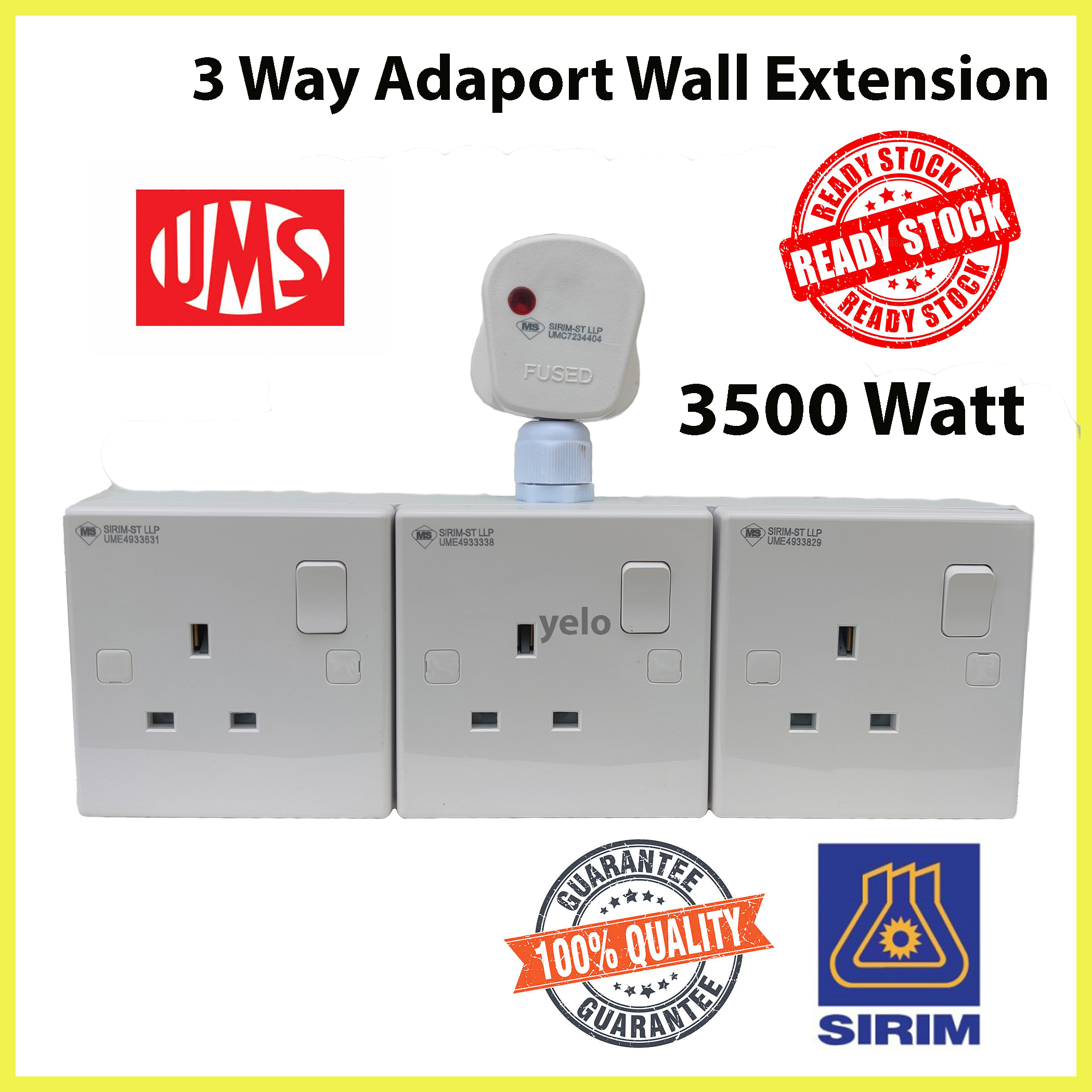 Ums 13A Plug Top Neon 3 Way Wall Socket Extension Heavy Duty 3500 Watt ...