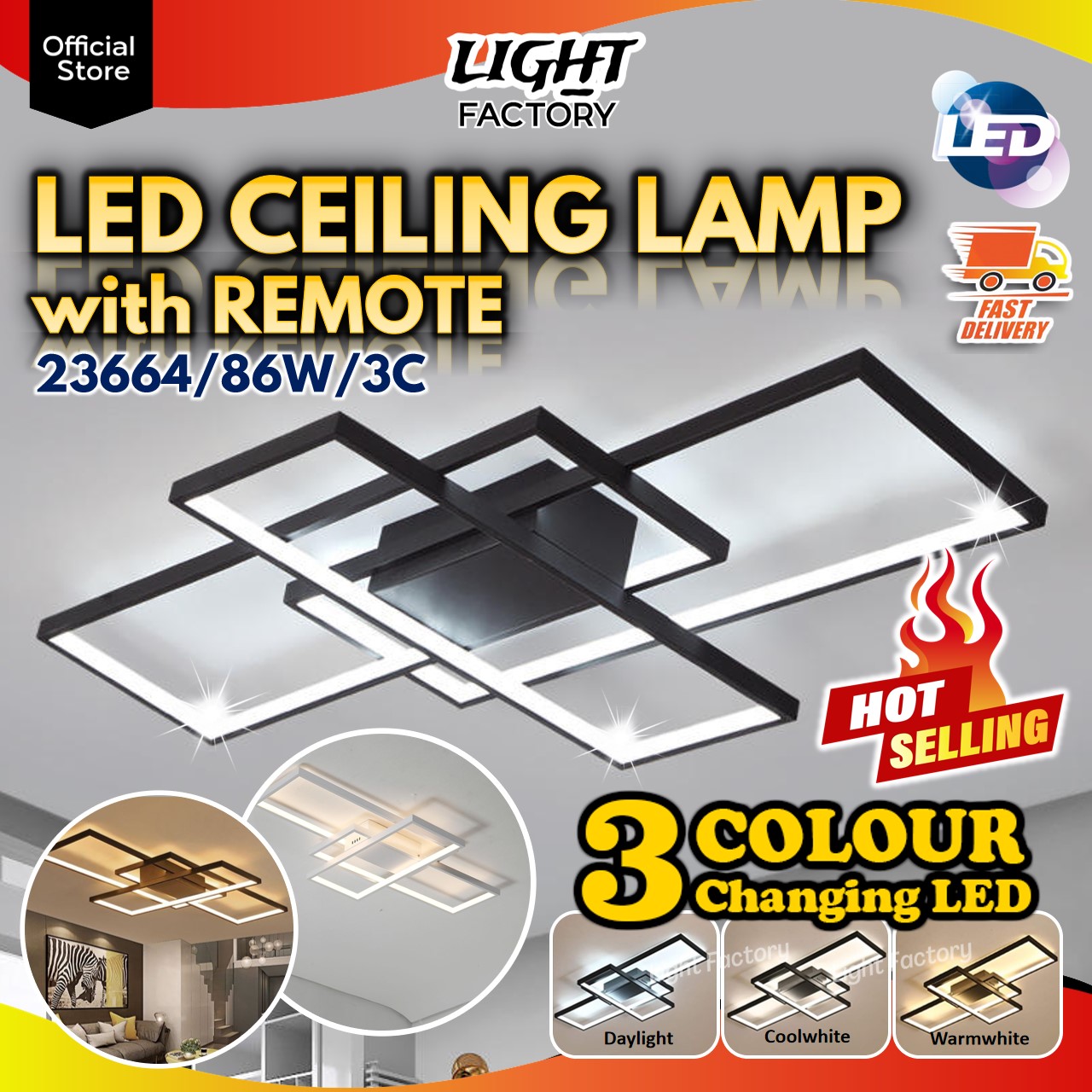 Decorative LED Ceiling Light 86W LED 3 Colour Wall light LED Ceiling ...