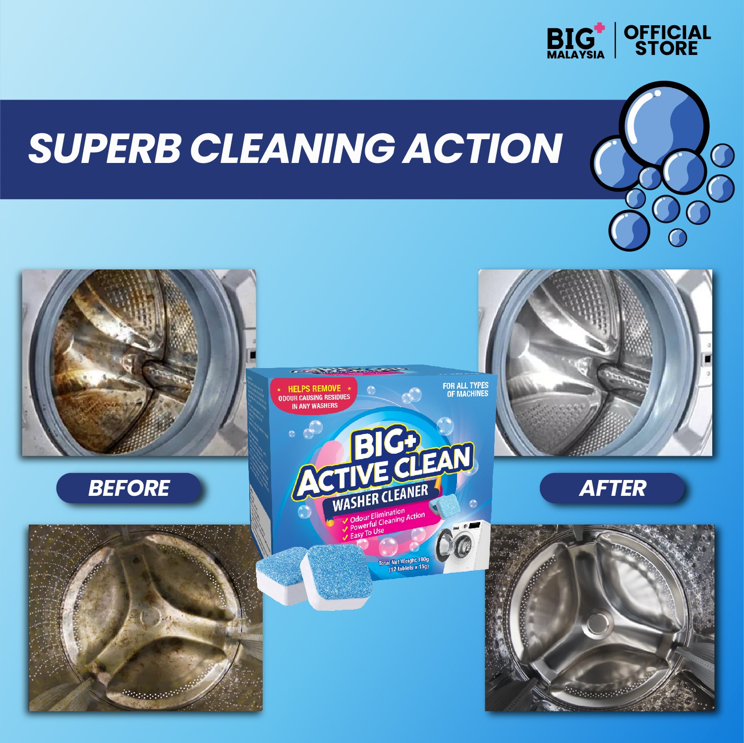 BIG+ Plus Active Clean Washer Cleaner-12 Tablets -Pembersih Mesin Basuh ...