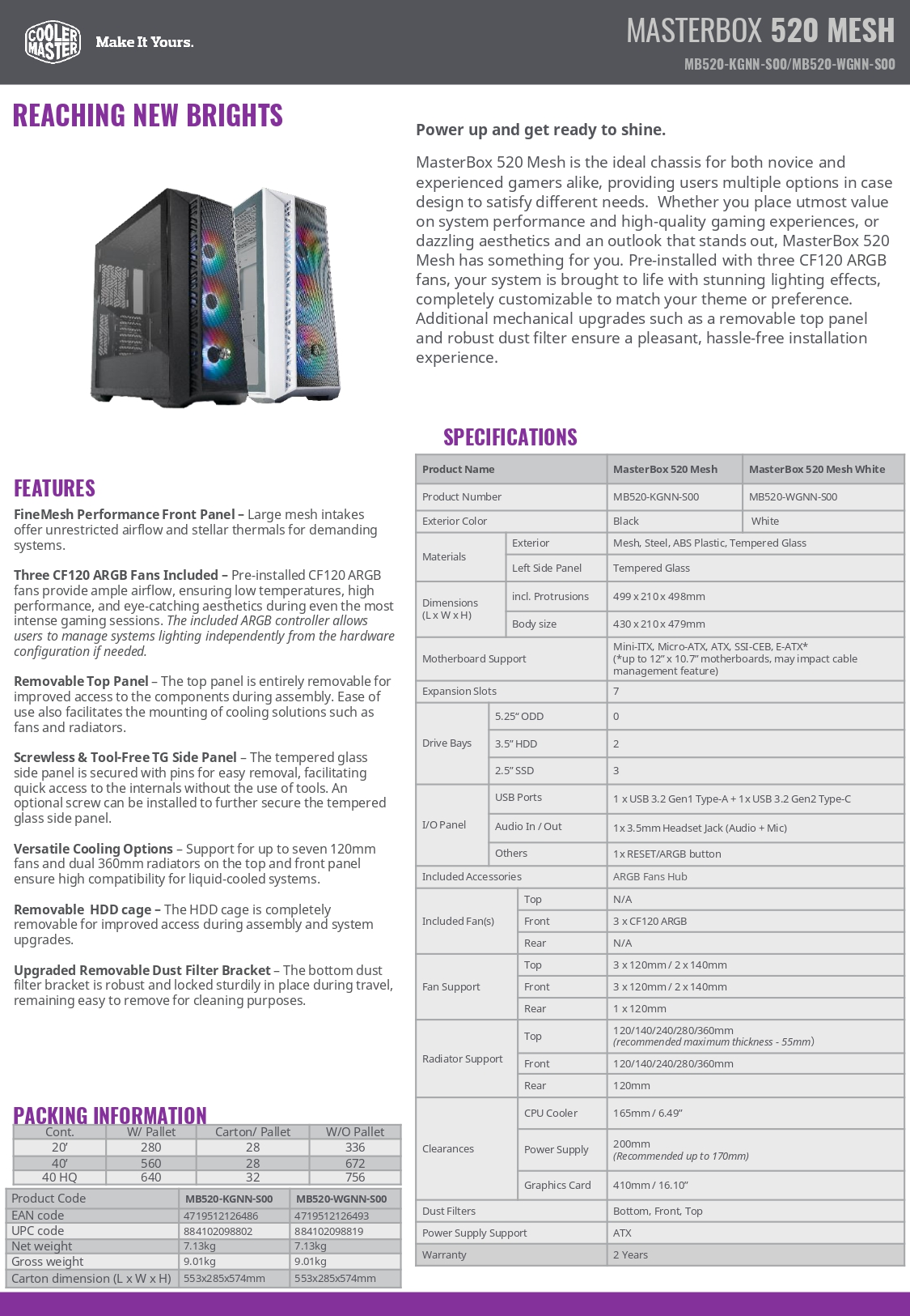 COOLER MASTER MASTERBOX MB520 MESH ARGB ATX DESKTOP PC CASE / CASING ...
