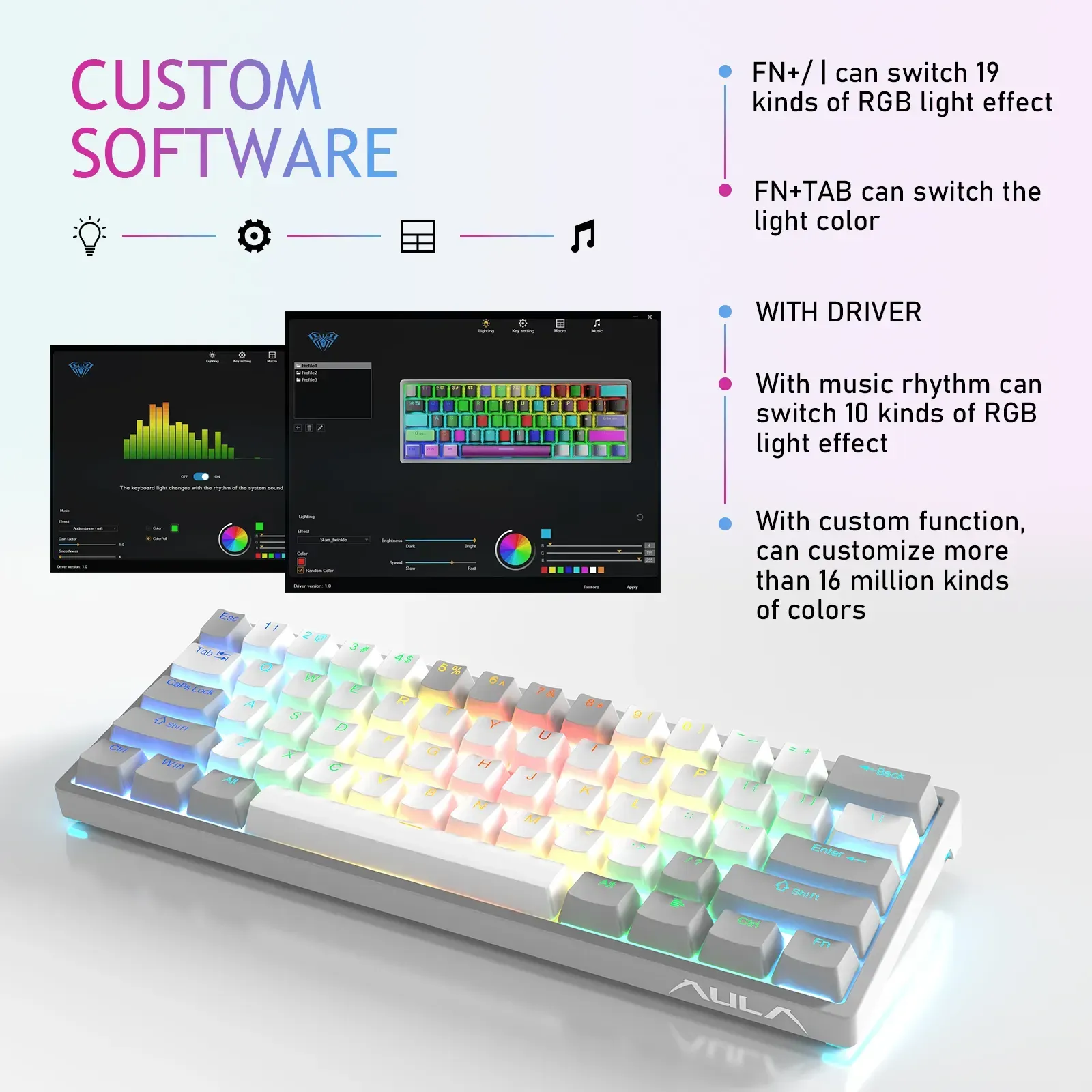 AULA F3261 Mechanical Gaming Keyboard 61 Keys Compact Hot Swappable RGB ...