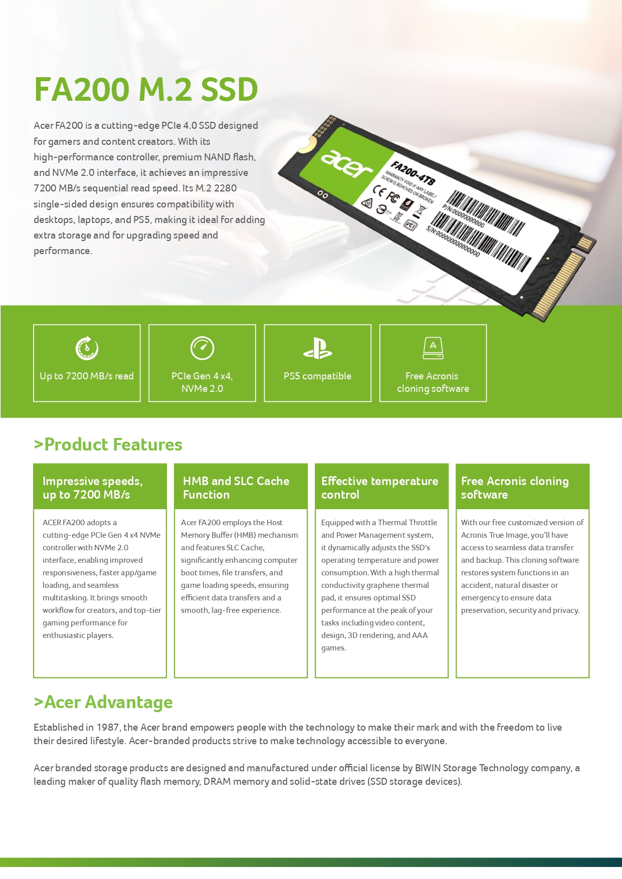 ACER FA200 PCIe 4.0 Gen4 NVME M.2 SSD / STORAGE ( 500GB / 1TB / 2TB ...