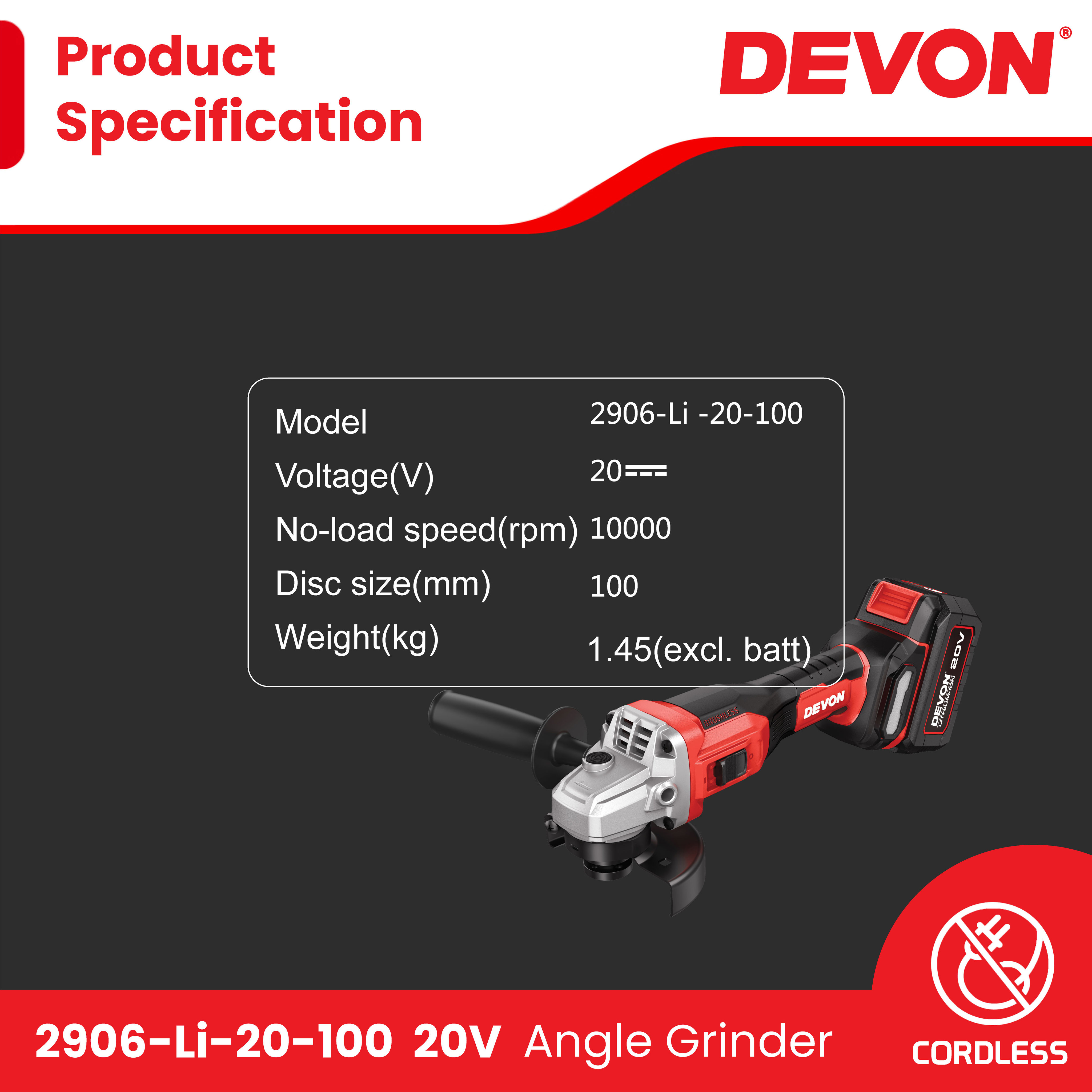 DEVON 2906-Li-20-100 20V Lithium-Ion Brushless Cordless 10000rpm Angle ...