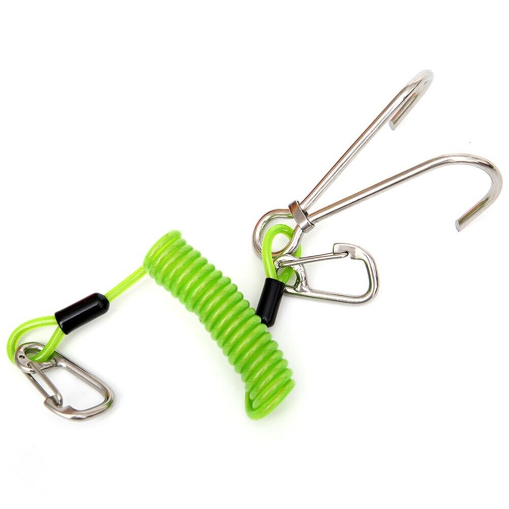 Scuba Choice Doppio Amo In Acciaio Inox Per Immersione In Corrente - Dragoncello Con Moschettone E Lanyard A Spirale - Colore Nero
