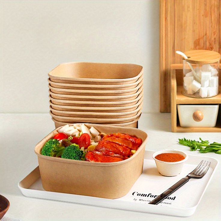 [50 Pcs] SQUARE KRAFT PAPER BOWL with PET Lid Fruit Salad Disposable ...