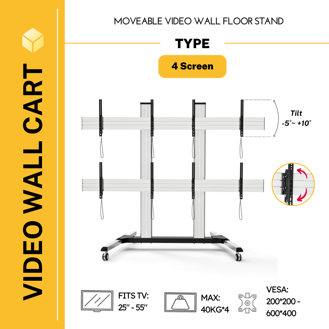LED Video Wall Cart Moveable TV Floor Stand with Wheel for 2/3/4 LCD ...