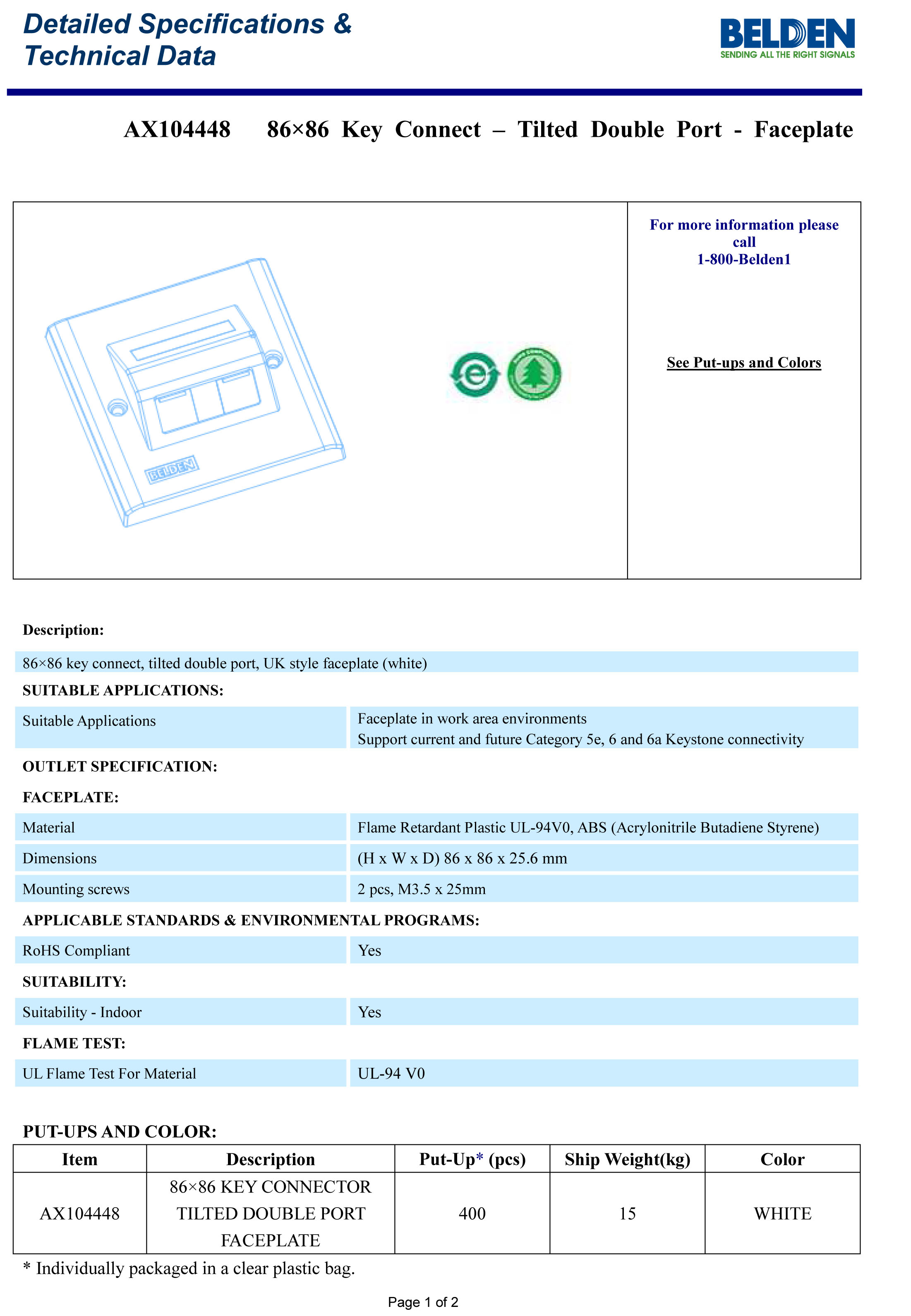 Belden AX104448 86x86 KeyConnect Tilted Double Port RJ45 Faceplate ...