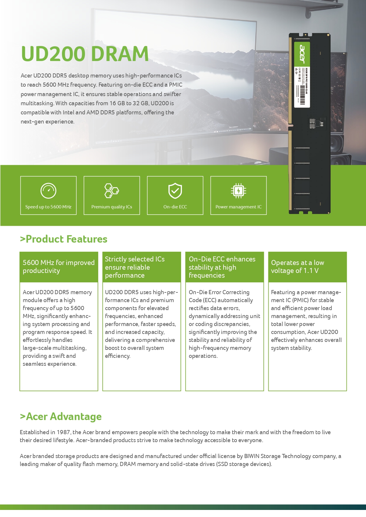 ACER UD200 DDR5 LONGDIMM / PC RAM ( 8GB / 16GB / 32GB ) ( 4800MHZ CL40 ...