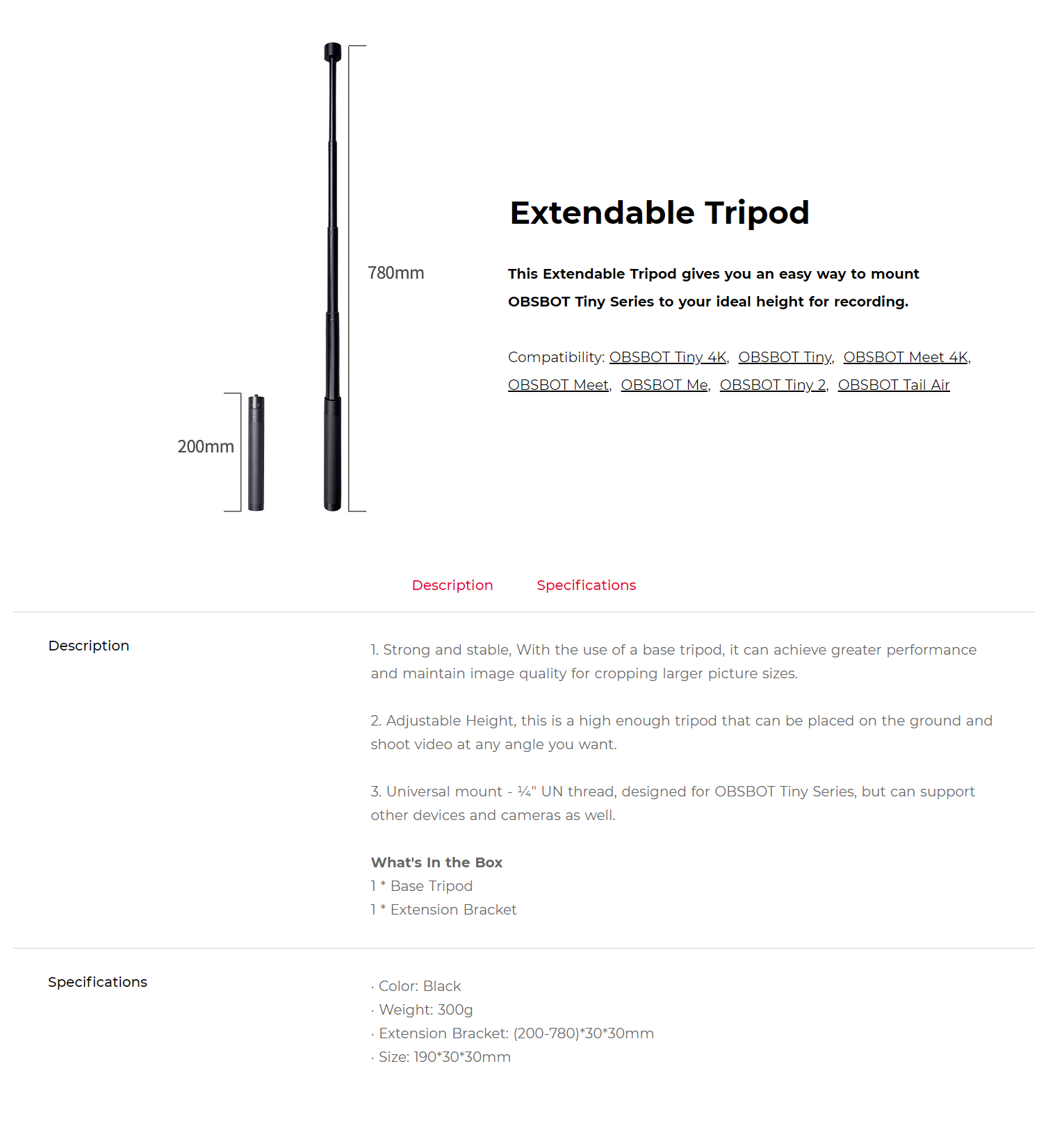 OBSBOT EXTENDABLE TRIPOD EXTENSION BRACKET WITH STRONG& STABLE DESIGN ...