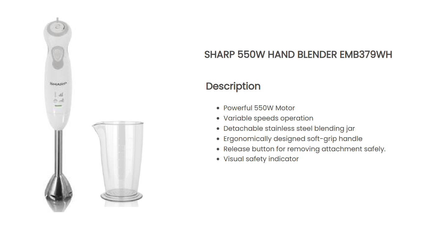 Sharp Hand Blender Stick Blender 550W With 600ml Beaker Blender Tangan ...