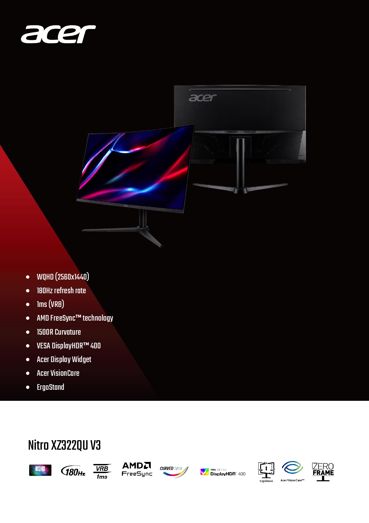 ACER NITRO XZ322QUV3 / XZ322QU V3 31.5" CURVED GAMING MONITOR (31.5" VA ...