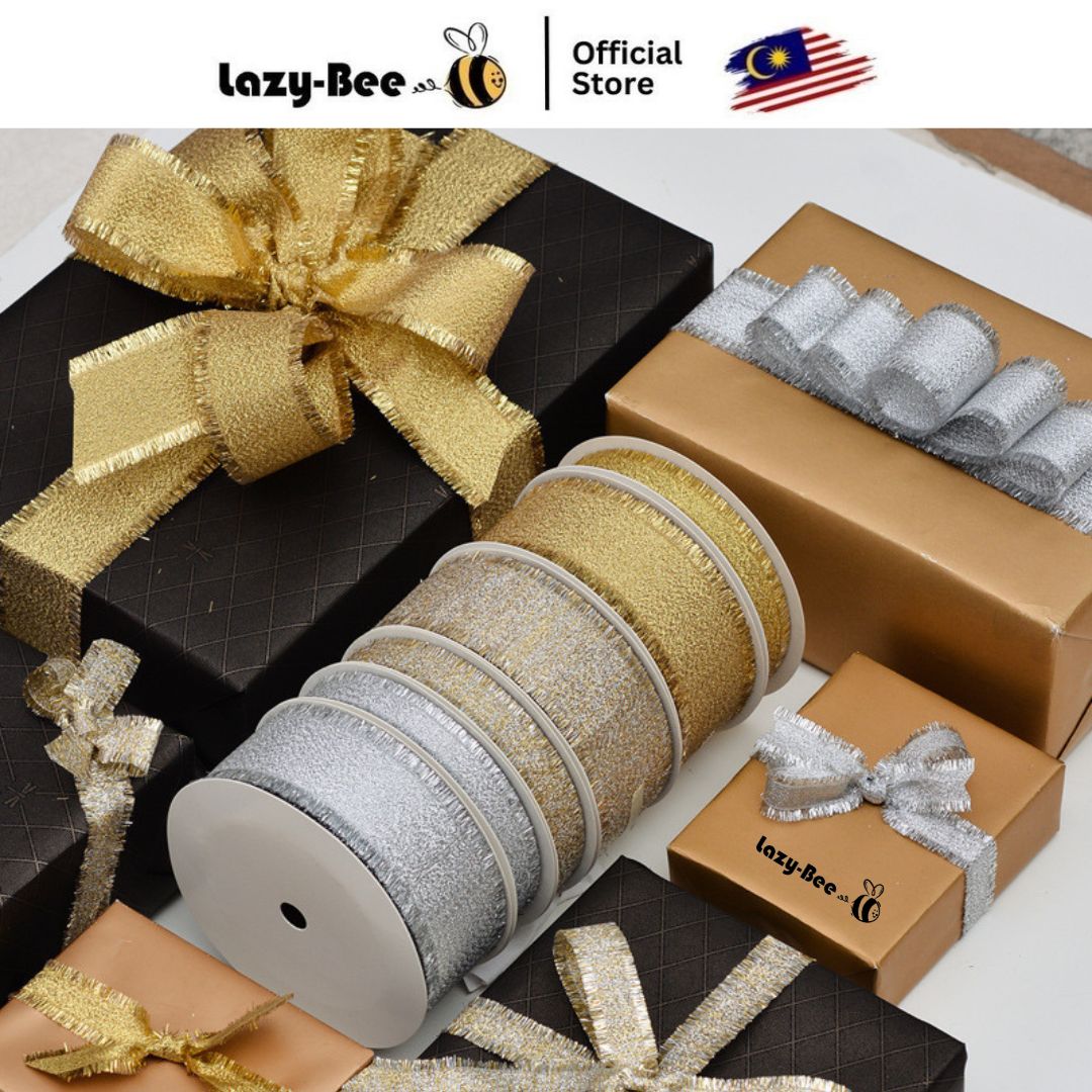 LAZY BEE 5 meters Metallic Gold Silver Glitter Fringe Ribbon hadiah ...
