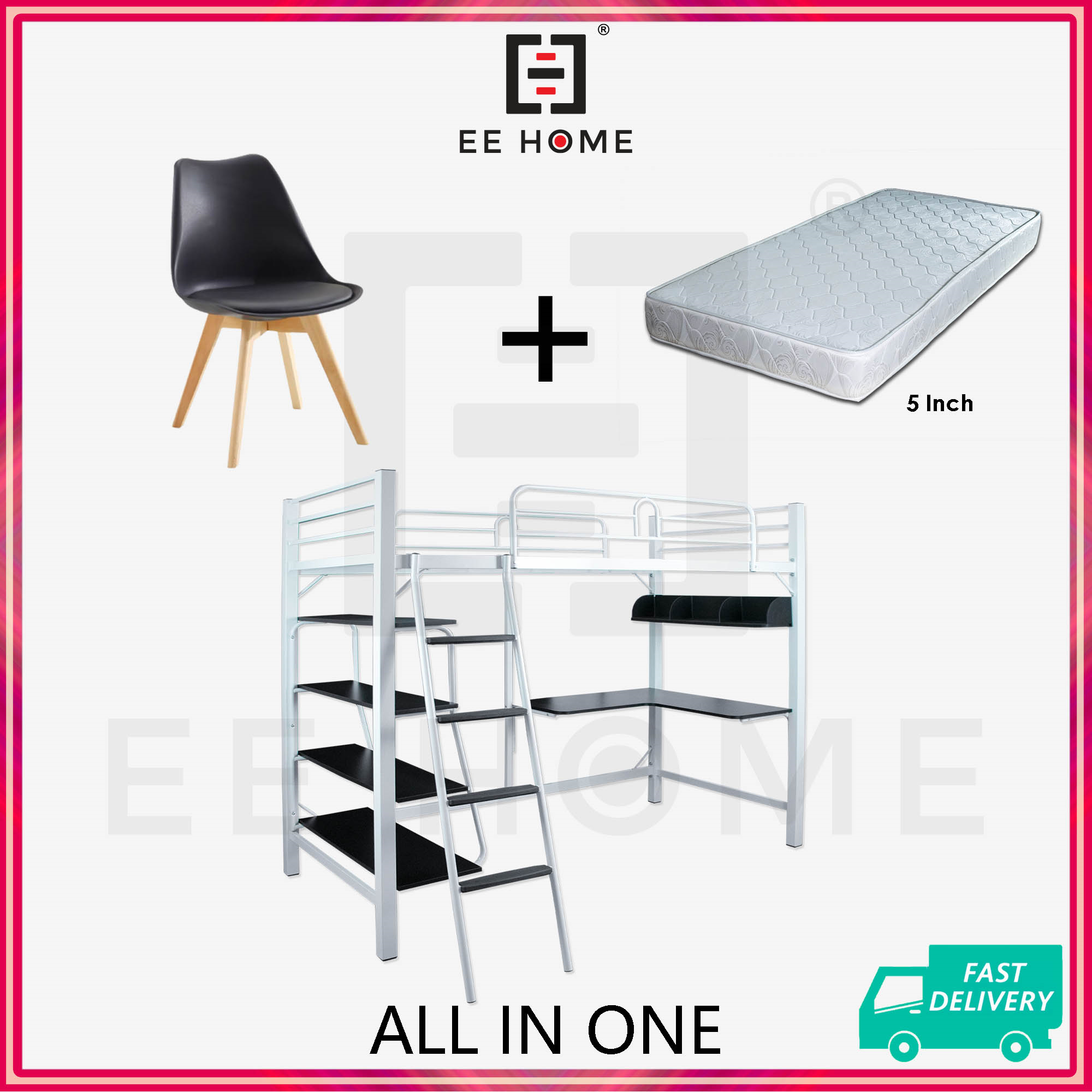 Set Aloha Loft Single Size Bed Frame with Study Table Book Shelves ...