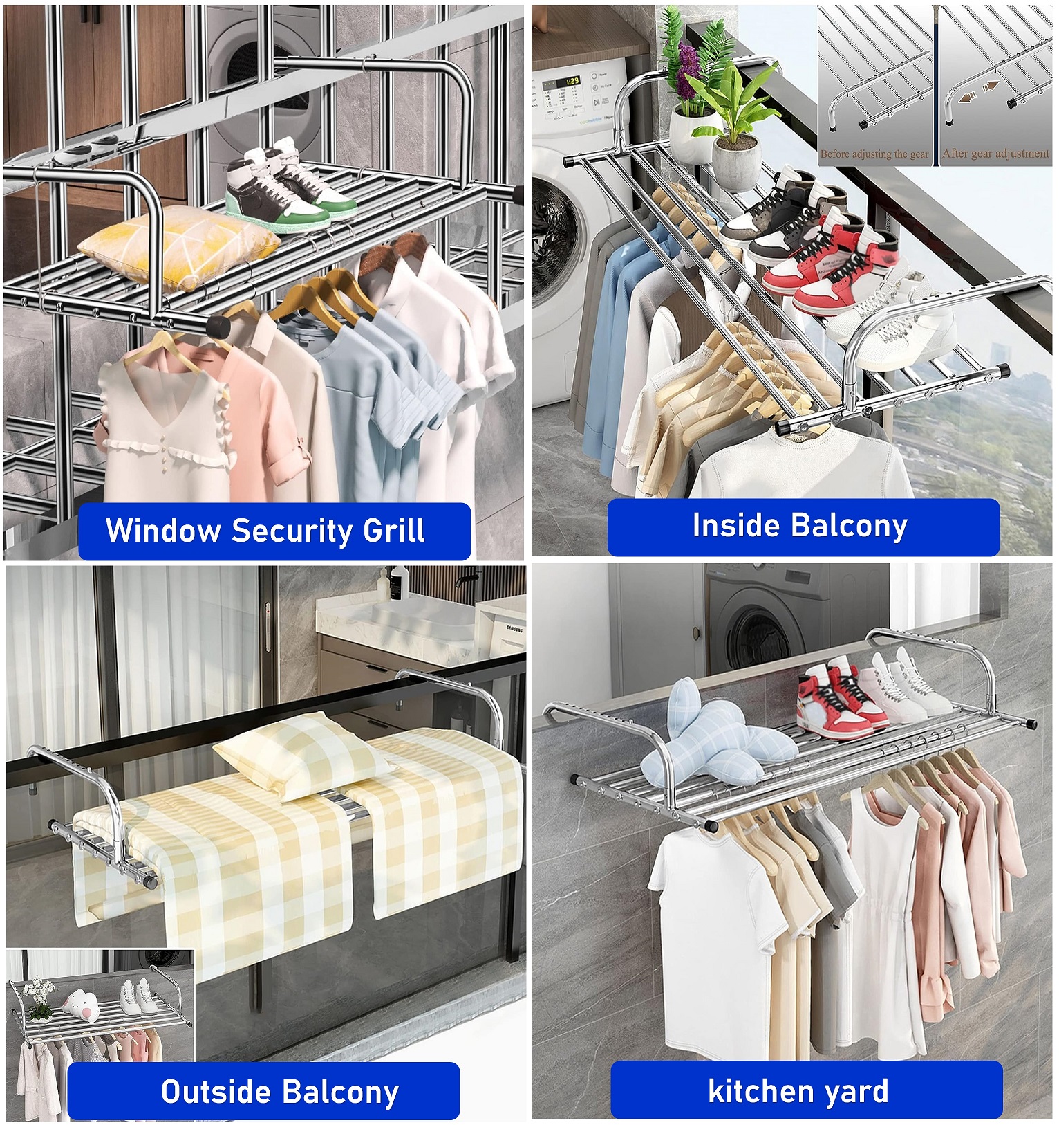 Folding Retractable Balcony Drying Rack, Shoe Rack, Stainless Steel ...