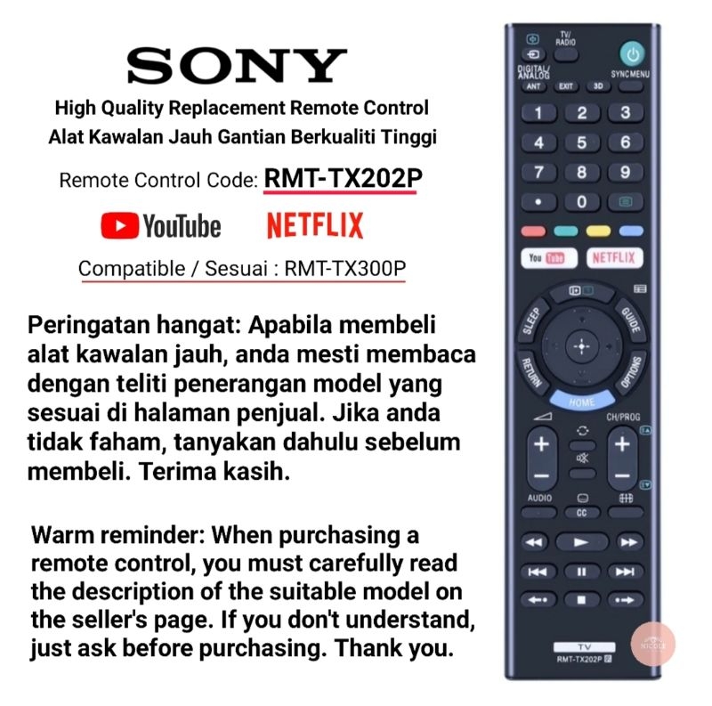 Sony Smart Led TV Replacement Remote Control with YouTube NETEFlX RMT ...