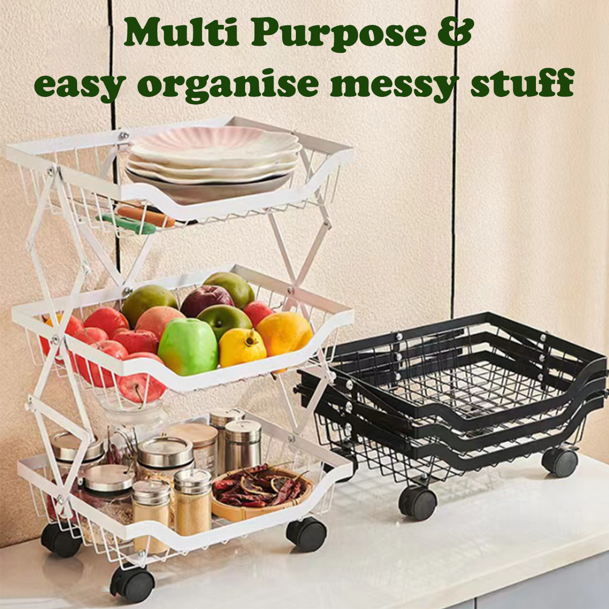 Multi-Purpose Kitchen Used Organizer Foldable Rolling Vege Rack Rak ...