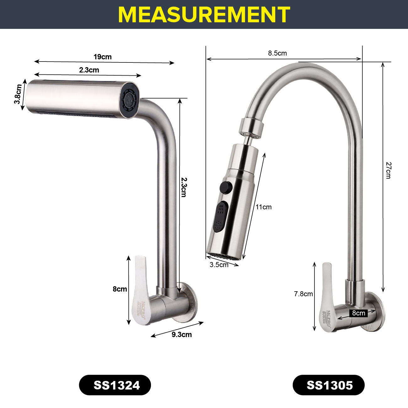 MCPRO SUS304 Stainless Steel Kitchen Faucet WALL SINK TAP (SS301/SS1324 ...