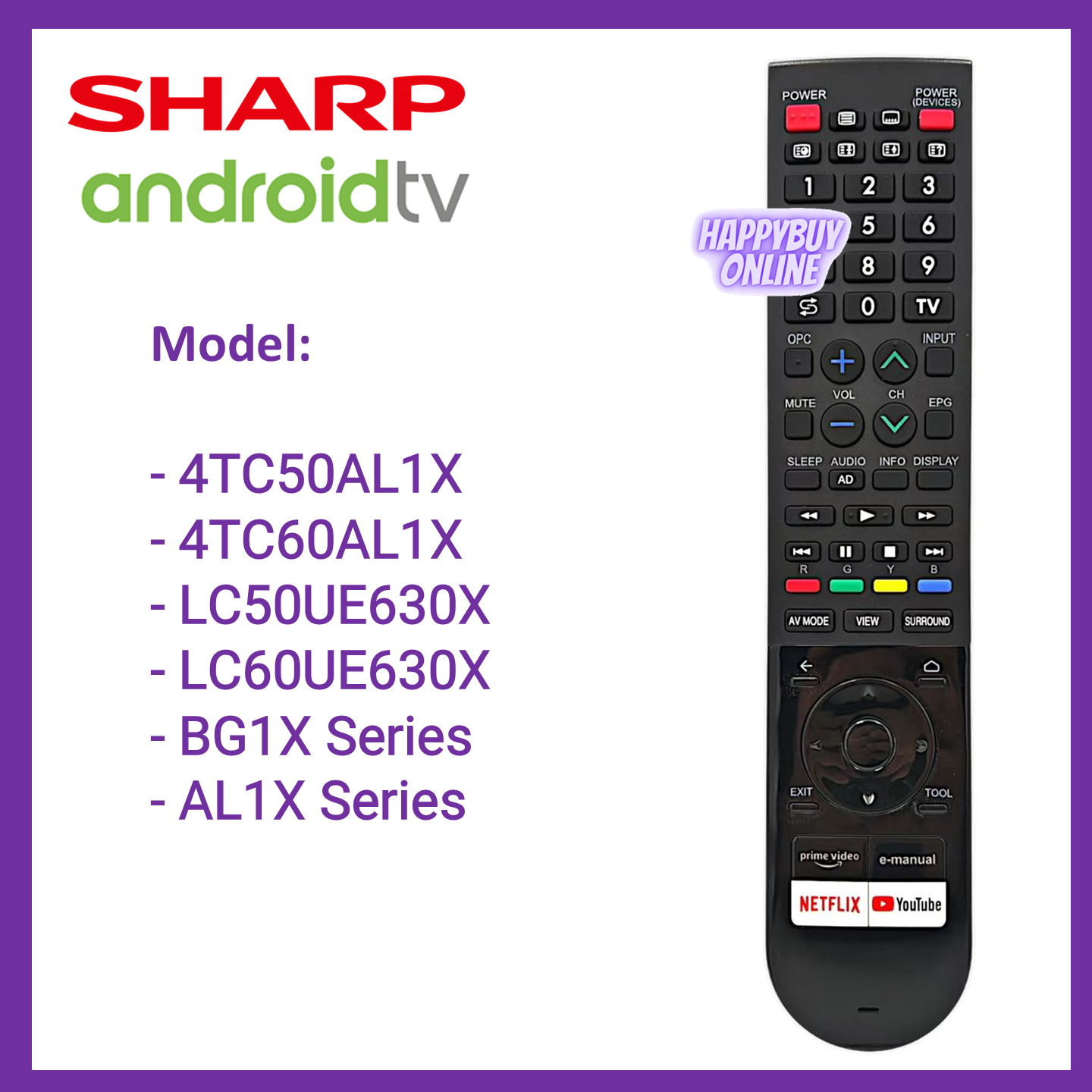 Compatible Sharp GB238WJSA Sharp Android Smart UHD TV Remote Control ...