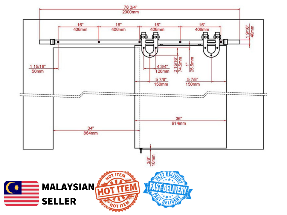 🔥READY STOCK🔥 Barn Door Railing Set 2 meter Big Horse Shoe Design Barn ...