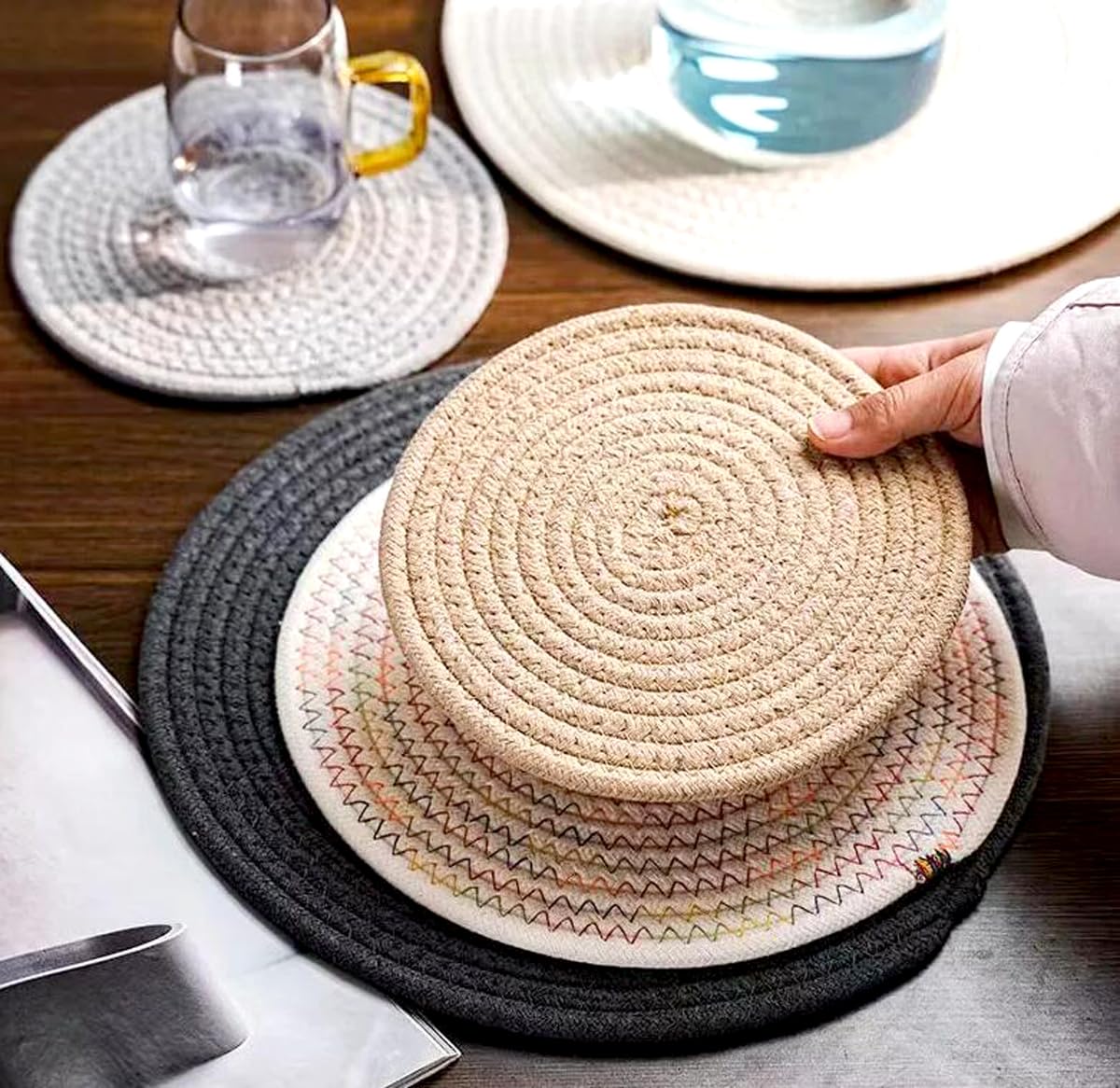 Soft Cotton Yarn Woven Placemat Coaster Set Round Heat-Resistant Water ...