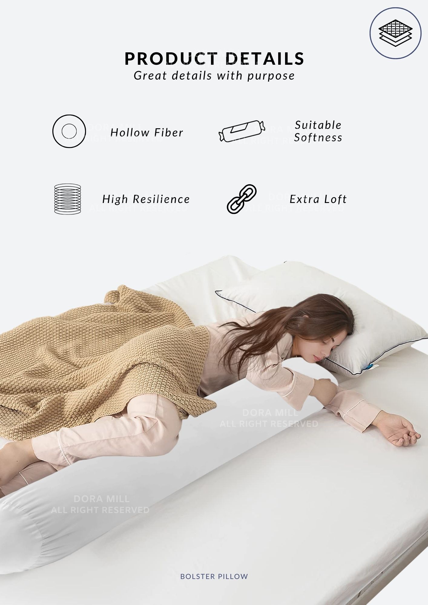 DORAMILL Premium Hugging Bolster Cotton Washable Hotel Quality Bantal ...