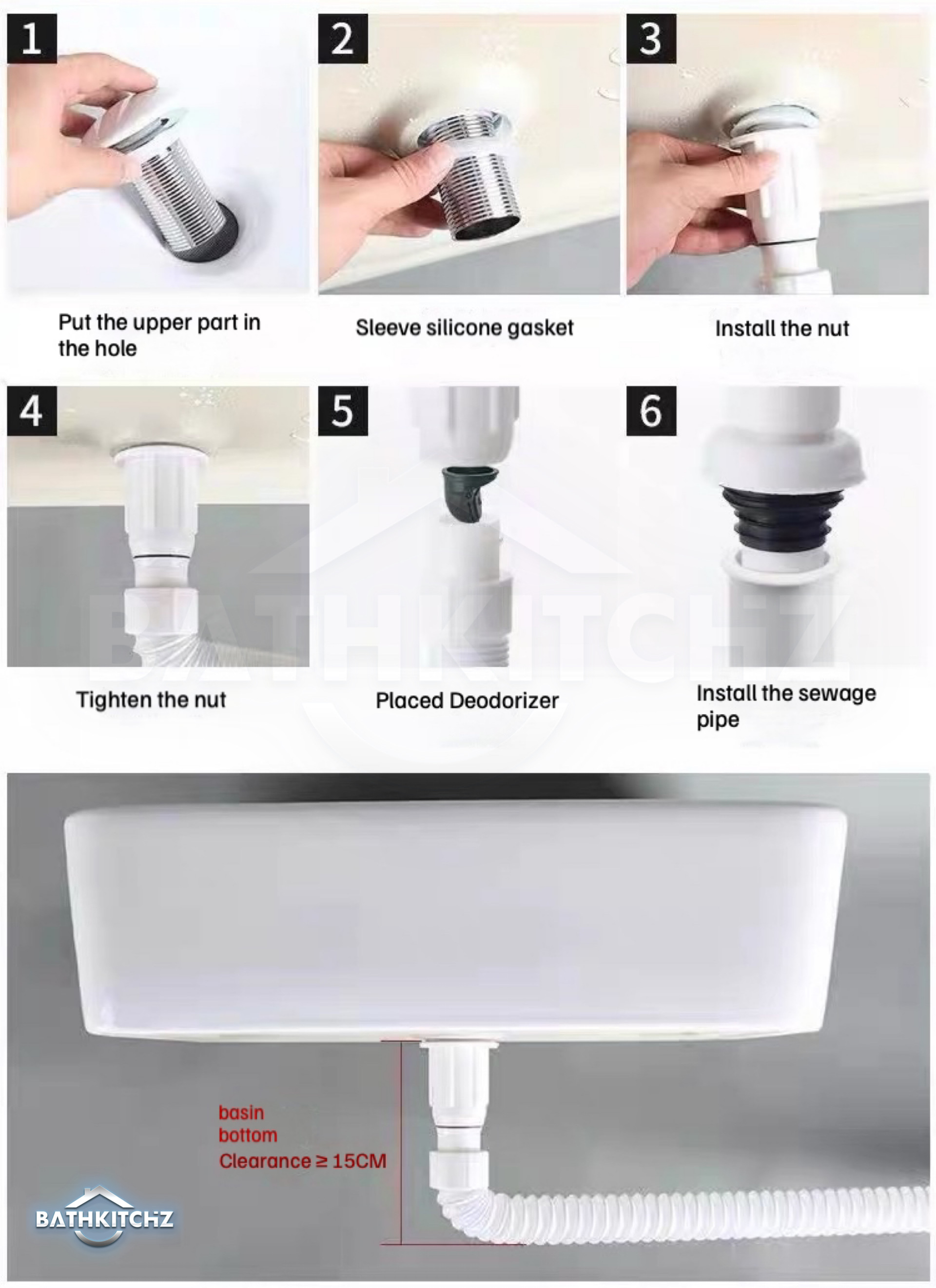BATHKITCHZ Bathroom Sink Basin Flip Top Waste Extension Drain Hose Anti ...