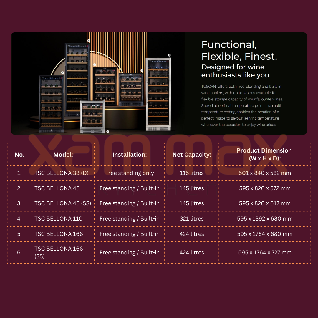 Tuscani Bellona 45 Wine Chiller Cellar BuiltIn 42 Bottles Single Zone BELLO VINO Wine