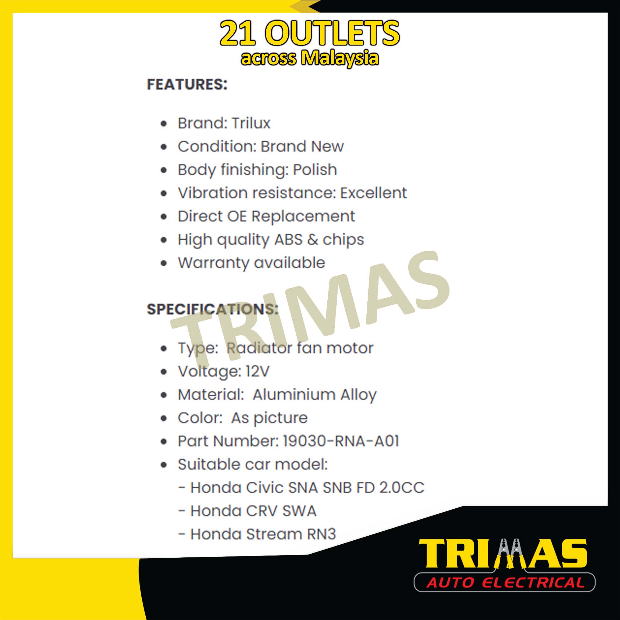 TRIMAS Honda Radiator Fan Motor Civic 2.0 SNA FD 2006-2011 CRV SWA 2007 ...