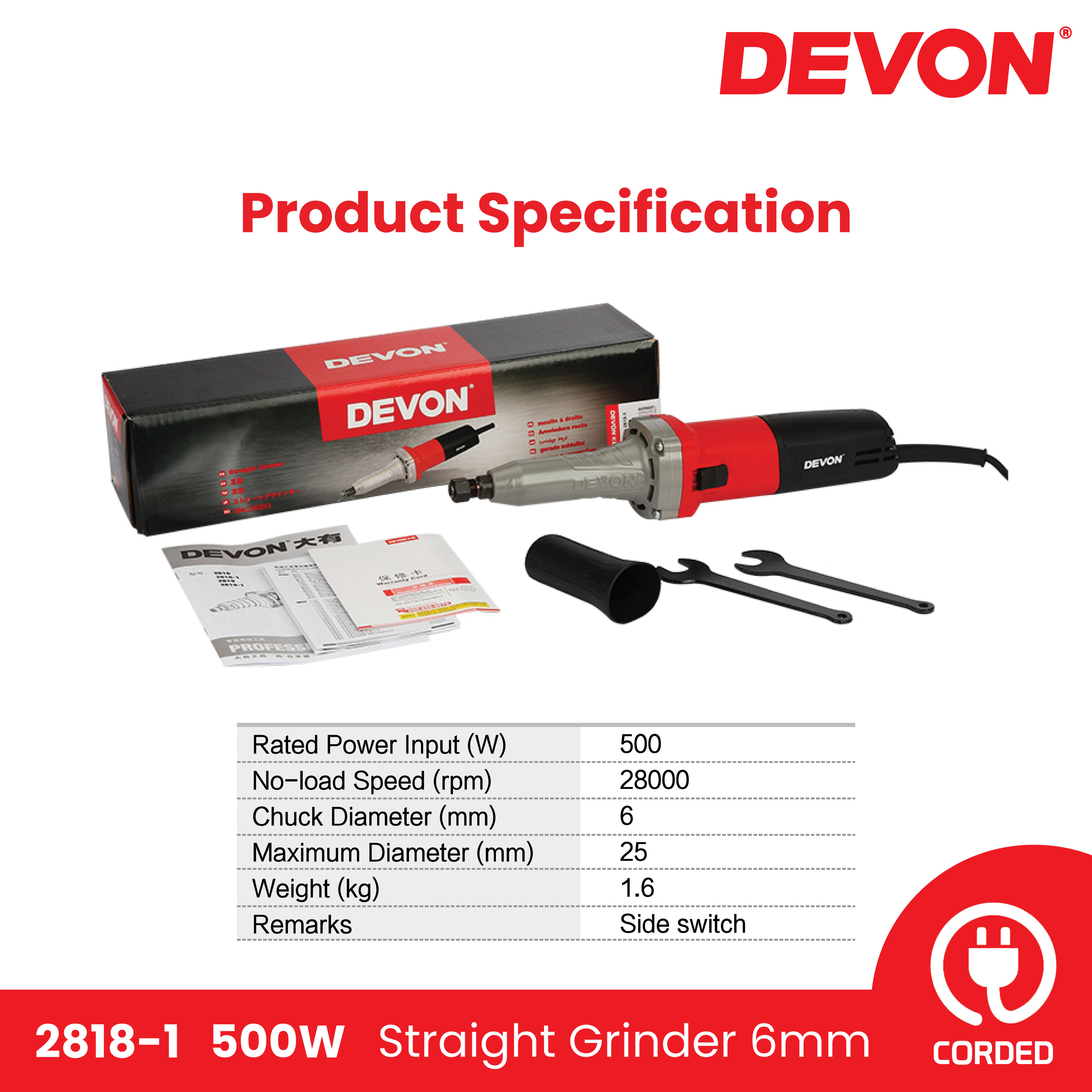 DEVON 2818-1 Straight Grinder 6mm | Shopee Malaysia
