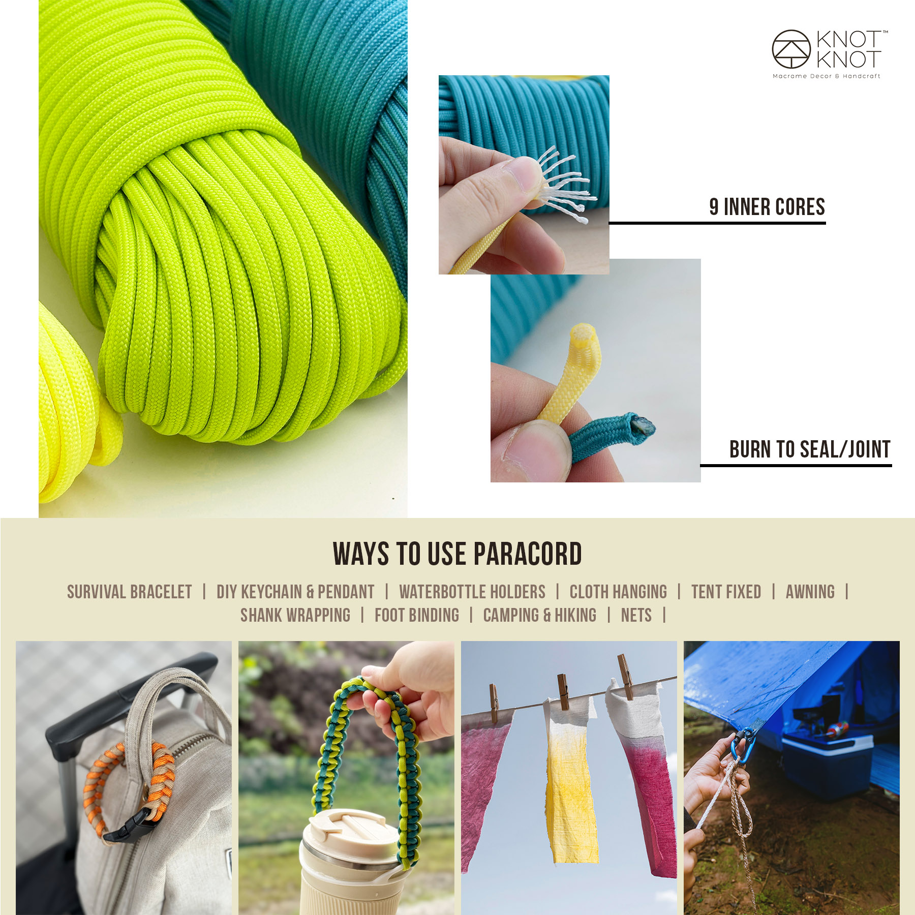 100ft Paracord 9 Strands Type lll Parachute Rope | Camping Hiking ...