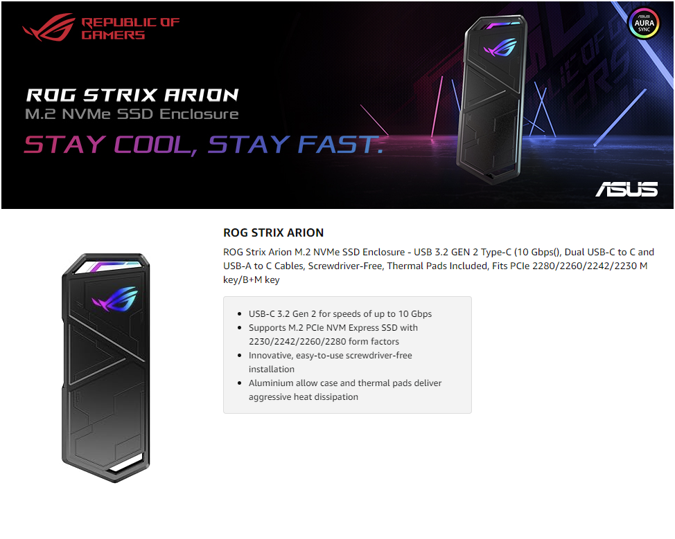 ASUS ROG Strix Arion M.2 NVMe SSD External Portable Enclosure Case USB ...