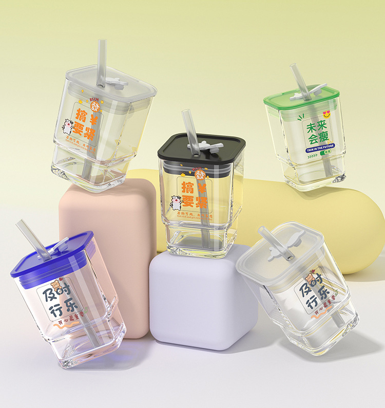Mug 🥤 [450ml] Cawan Square Glass Straw Cup with Lid Iced Water Bottle ...